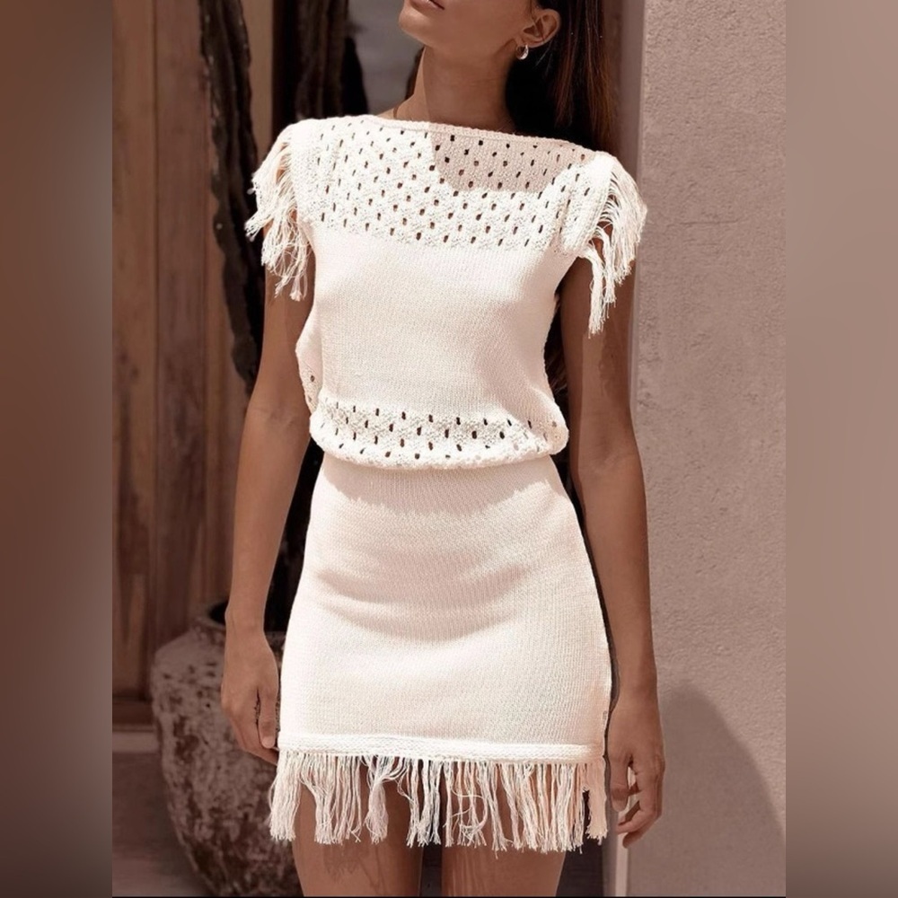 Fringe Crochet Boat Neck Sweater Dress